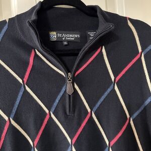 St. Andrew's Of Scotland 1/4 Zip Golf Sweater Black Diamond Argyle Print Size XL